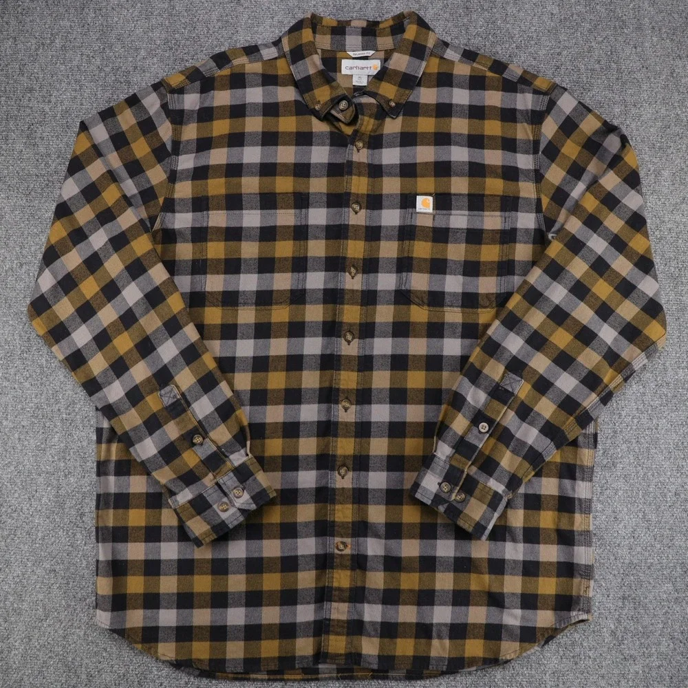 Carhartt Mens Relaxed Fit Plaid Button Down Flannel Shirt XL Tall Mustard Gray